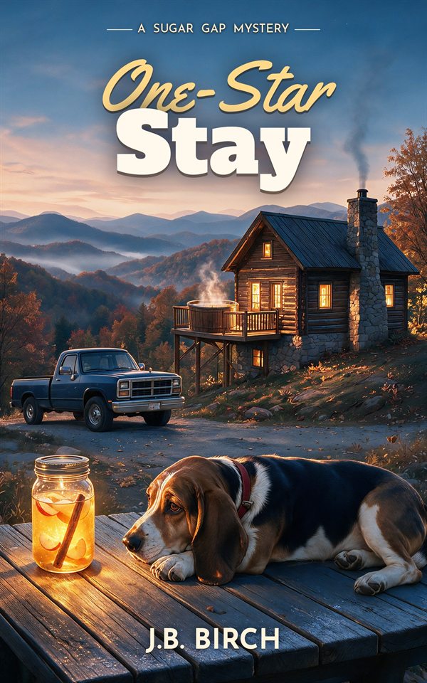 One-Star Stay by J.B. Birch: a log cabin glowing at dusk in the Smoky Mountains, a navy pickup truck, a glowing mason jar, and a basset hound resting on a picnic table.